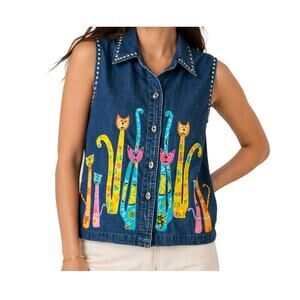 Vintage Y2K Embroidered Cat Denim Vest Folk Art Cottagecore Top Size L